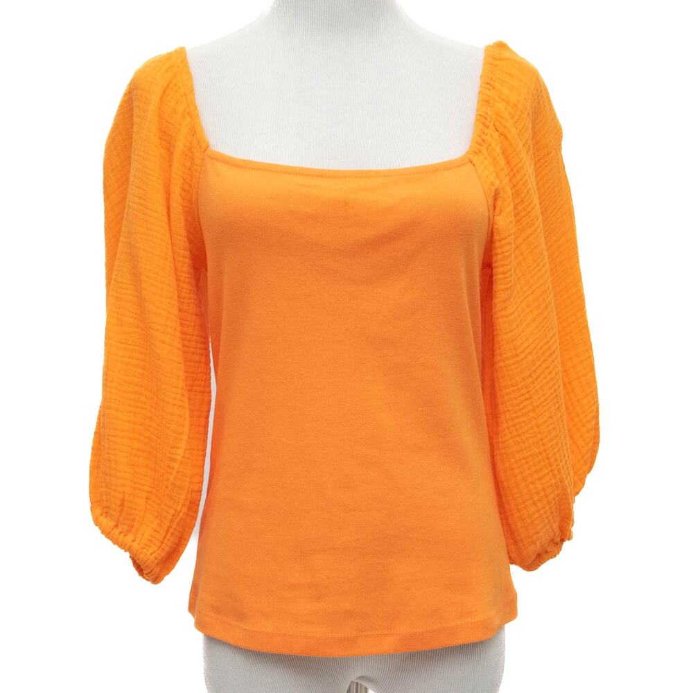 New Sanctuary Short Puff Sleeve Mixed Media Top In Orange Size Medium